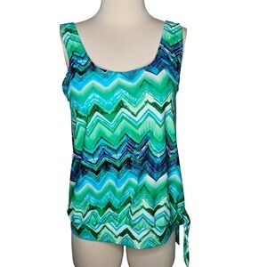 CEEB Chevron Tankini Swim Top Green Blue Blouson Built In Bra Molded Cup 12 NWT